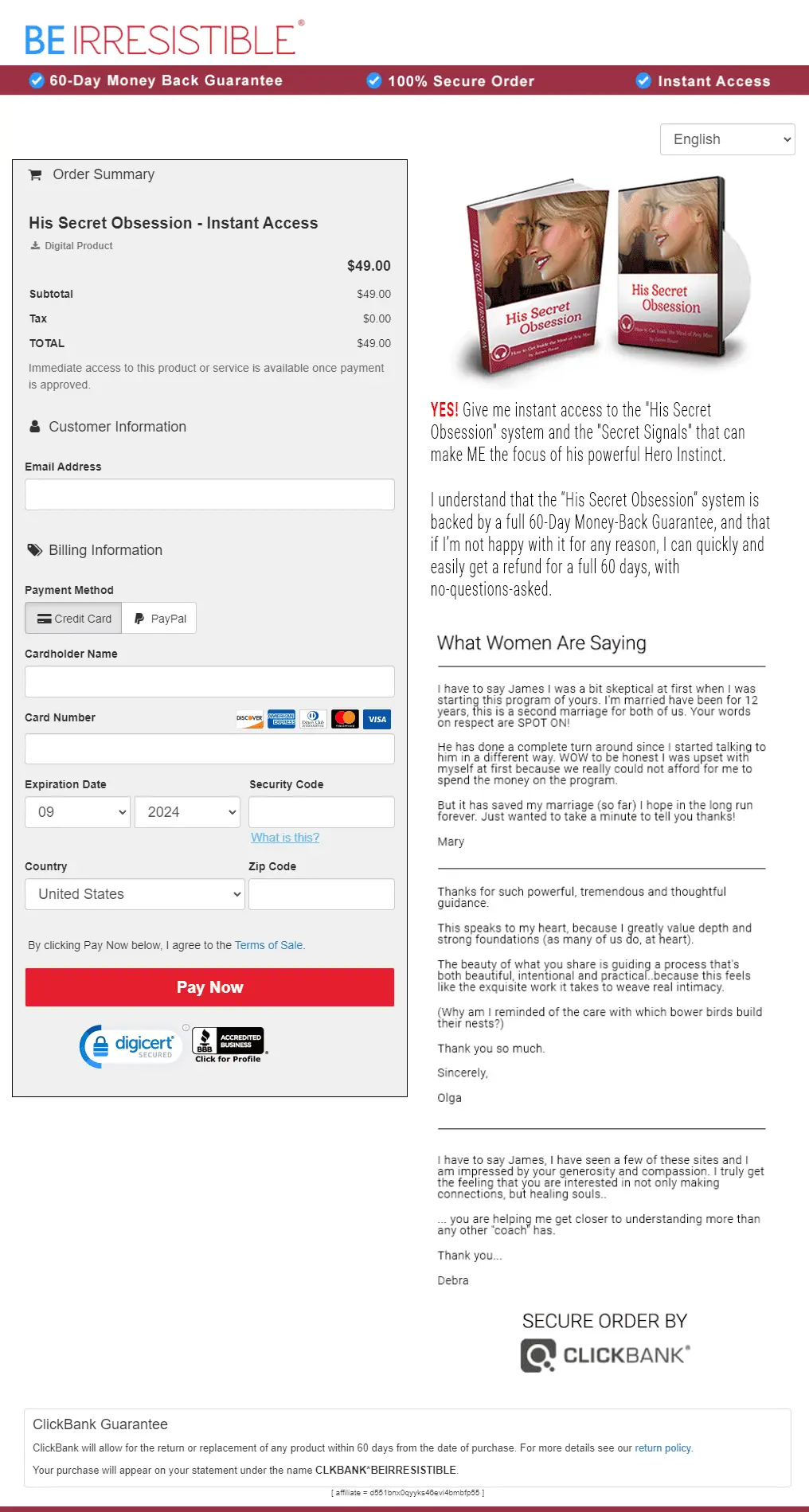 His Secret  obsession Checkout Page